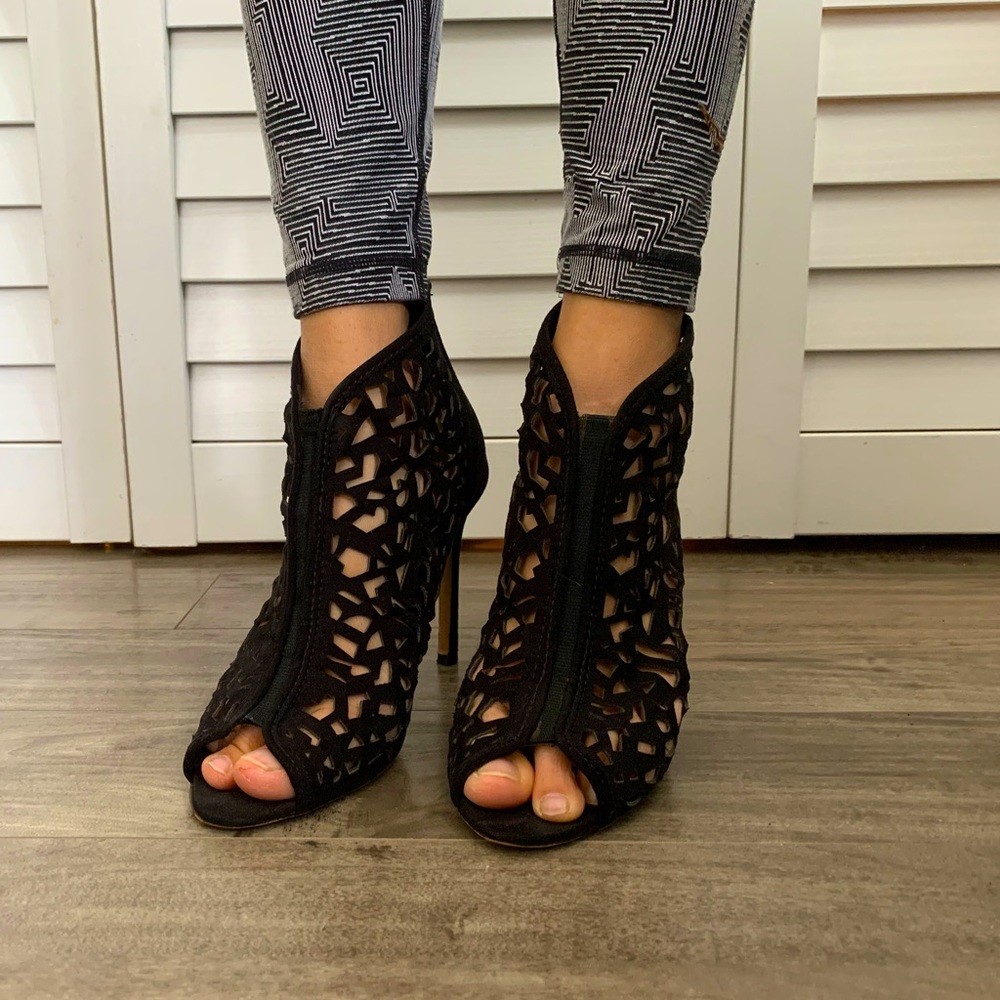 Summer stiletto ankle boots, open toe, black